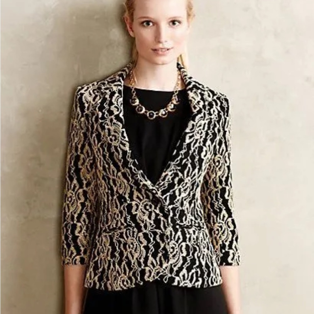 Anthropologie Cartonnier Felicia Lace Blazer Jacket Black Tan 3/4 Sleeve Small